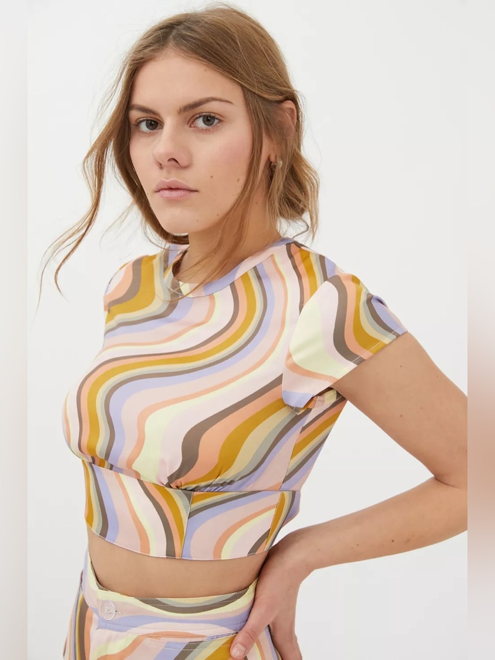 Urban Outfitters So Wavy Printed Tie Back Crop Top Retro Swirl 70s Size L